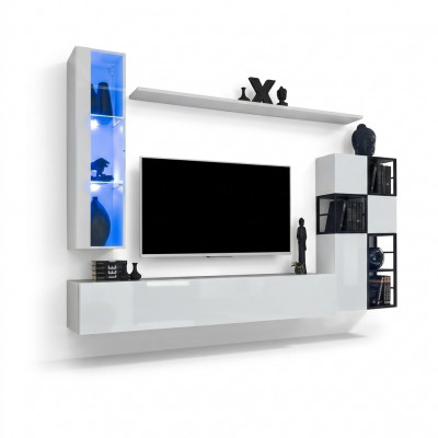Hänkevitrinn wäiss Wunnwand Designer TV Stänner Komplett 9 Deeler Holzmiwwelen Regaler