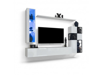 Hänkevitrinn wäiss Wunnwand Designer TV Stänner Komplett 9 Deeler Holzmiwwelen Regaler