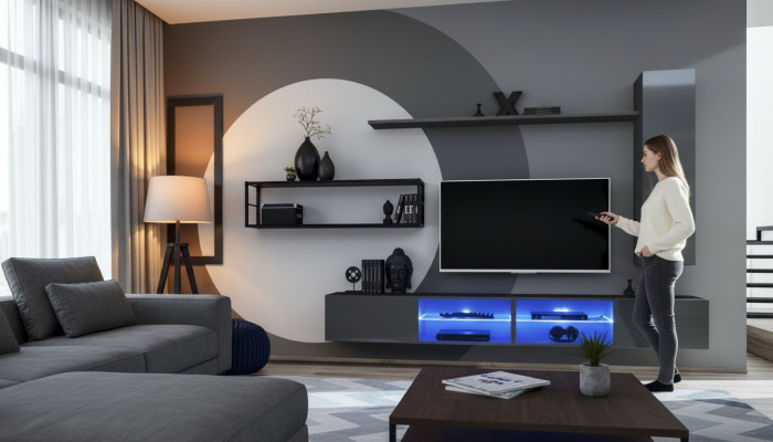 Grau Komplett Wunnwand Wunnzëimmermiwwel Luxus Wandschaf Wand Regaler Nei