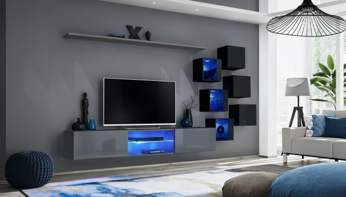 Set Modern Gray Ariichtung Wunnwand TV-Stänner Sideboard Holzmiwwel Wandschaf