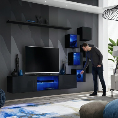 Schwaarz Komplett Set Wunnwand Luxus Holzméiwer Designer Modern Wandsschaf