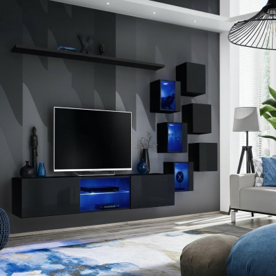 Schwaarz Komplett Set Wunnwand Luxus Holzméiwer Designer Modern Wandsschaf