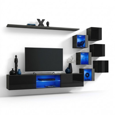 Schwaarz Komplett Set Wunnwand Luxus Holzméiwer Designer Modern Wandsschaf