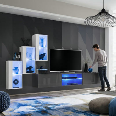 Grau Säitennuebel TV-Ständer Garnitur Wunnwand Komplett Wand Regaler Wandschaf.