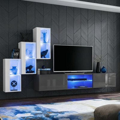 Grau Säitennuebel TV-Ständer Garnitur Wunnwand Komplett Wand Regaler Wandschaf.