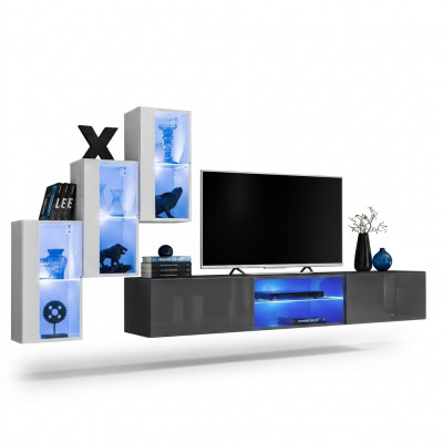 Grau Säitennuebel TV-Ständer Garnitur Wunnwand Komplett Wand Regaler Wandschaf.