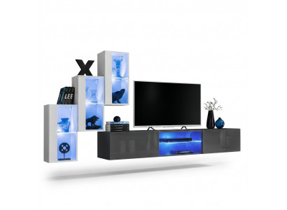 Grau Säitennuebel TV-Ständer Garnitur Wunnwand Komplett Wand Regaler Wandschaf.