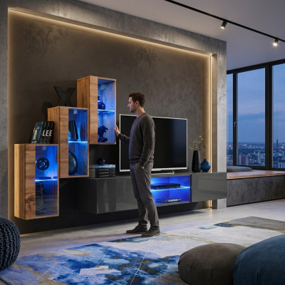 Komplett Designer Modern Wunnwand Mauer Regaler TV-Ständer 3x Wandsschränk