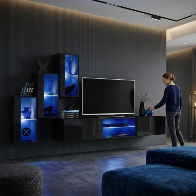 Luxus 3x Wandsschaf Miwwelen Ariichtung Wunnzëmmertmiwwelen Schwaarz Wand Regalen