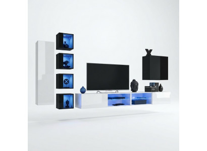 Wunnzëmmer Komplett Set 7tlg Luxus Wunnwand 6x Wandschaf TV-Stänner Miwwelen