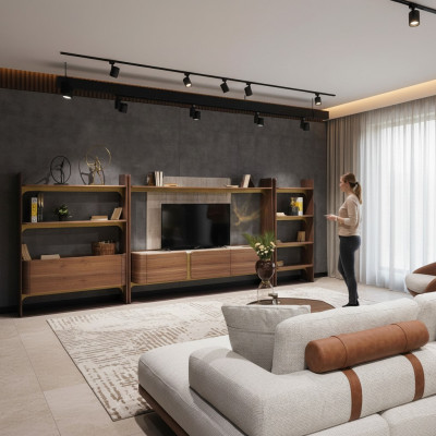 Luxus Wunnwand Design Wunnzëmmer Garnitur Miwwelen Brong Holz Bicherregal Regaler