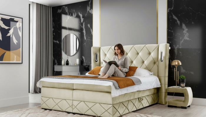 Beige Chesterfield Polsterbett Schlofkummer Nuetsdëscher Luxus Miwwelen
