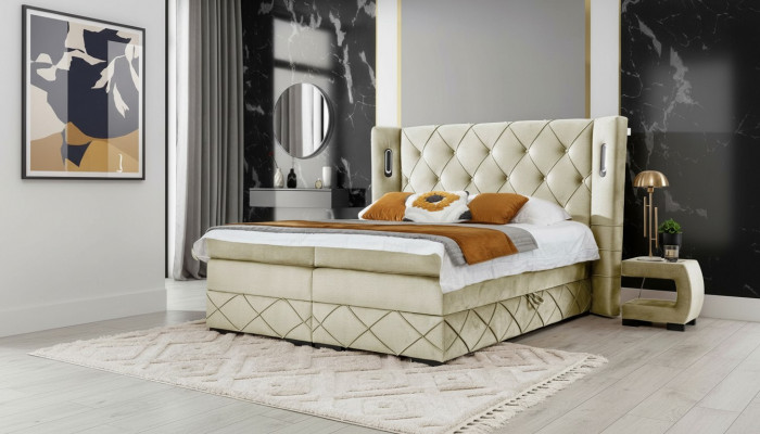 Beige Chesterfield Polsterbett Schlofkummer Nuetsdëscher Luxus Miwwelen