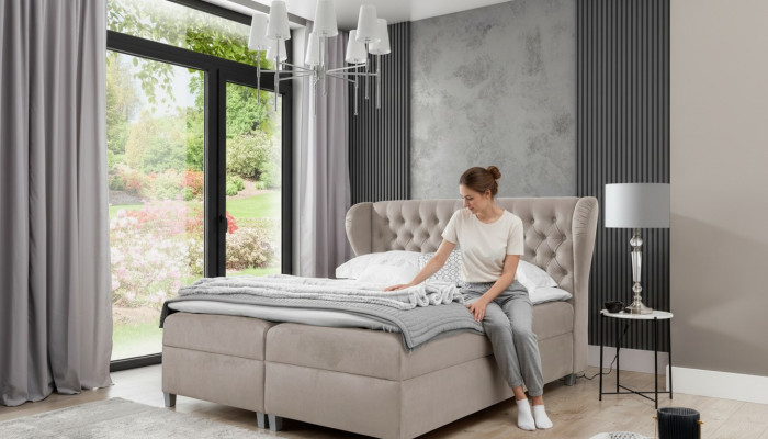 Luxus Duebelbett Chesterfield Schlofkummer Ariichtung Polsterbett Modern Miwwelen