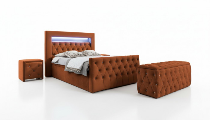 Chesterfield Schlofzëmmer Set Textilbett 2x Holz Nuetsdëscher Hocker