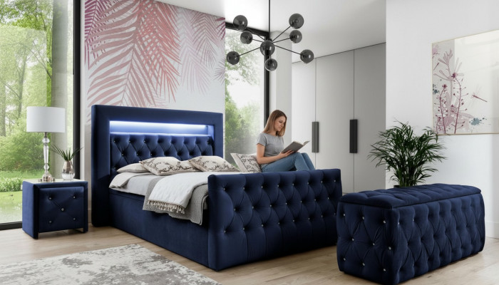 Däischterblo Chesterfield Schlofzëmmermiwwelen LED-Doppelbett Nuetskonsolen