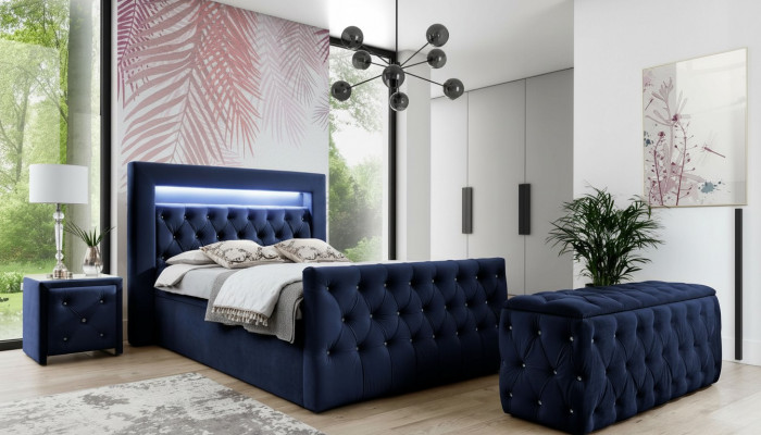 Däischterblo Chesterfield Schlofzëmmermiwwelen LED-Doppelbett Nuetskonsolen