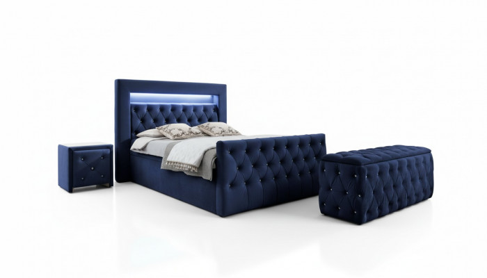 Däischterblo Chesterfield Schlofzëmmermiwwelen LED-Doppelbett Nuetskonsolen