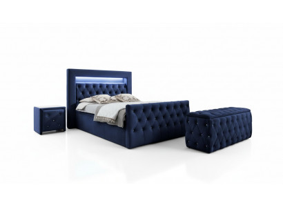 Däischterblo Chesterfield Schlofzëmmermiwwelen LED-Doppelbett Nuetskonsolen