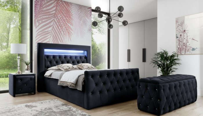 Schwaarz Chesterfield LED-Textilbett 2x Holz Nuetsdëscher Hocker 4 Deeler