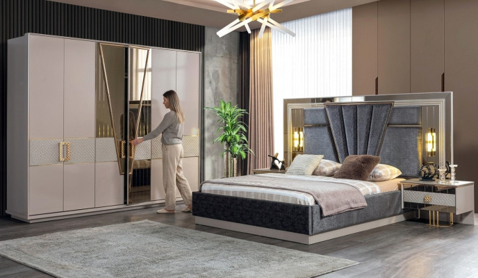 Modern Schlofzëmmer Set Design Ariichtung Nei Miwwelen Bett mat 2x Nuetsdëscher
