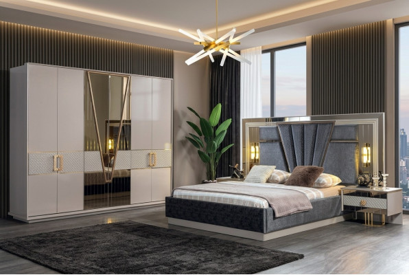 Modern Schlofzëmmer Set Design Ariichtung Nei Miwwelen Bett mat 2x Nuetsdëscher