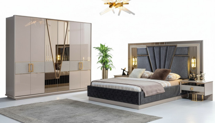 Modern Schlofzëmmer Set Design Ariichtung Nei Miwwelen Bett mat 2x Nuetsdëscher