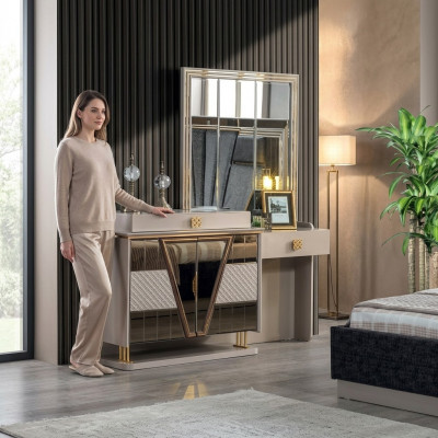 Moderne Make-up-Dësch Luxusmiwwelen Spigel Neie Ariichtung Schlofzëmmer