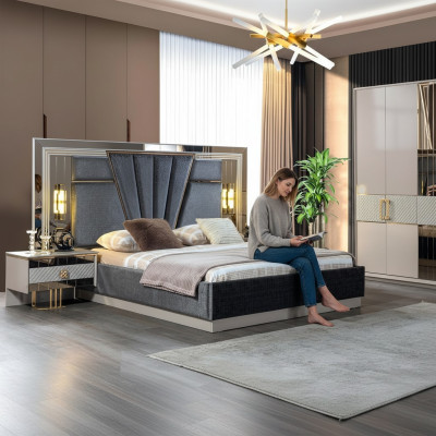 Schlofzëmmer Set Bett mat 2x Nuetsdëscher Komplett Luxus Ariichtung Modern