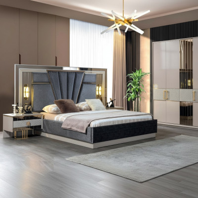Schlofzëmmer Set Bett mat 2x Nuetsdëscher Komplett Luxus Ariichtung Modern