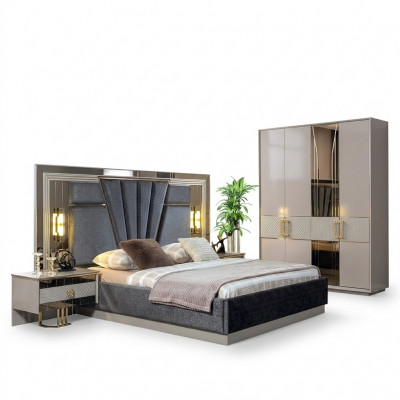 Schlofzëmmer Set Bett mat 2x Nuetsdëscher Komplett Luxus Ariichtung Modern