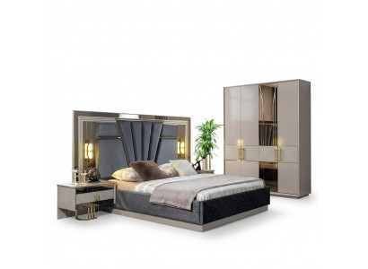 Schlofzëmmer Set Bett mat 2x Nuetsdëscher Komplett Luxus Ariichtung Modern
