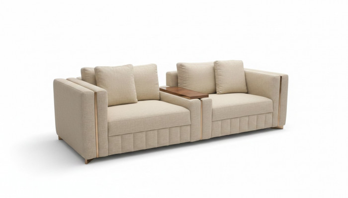 Modern Wunnzëmmer Sofa Zweisëtzer Beige Textil Polster Miwwelen Ariichtung Design