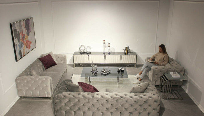 Wunnzëmmer Miwwel Set 6 Deeler Sofa Garnitur 2x Dräisëtzer Modernen TV Stänner