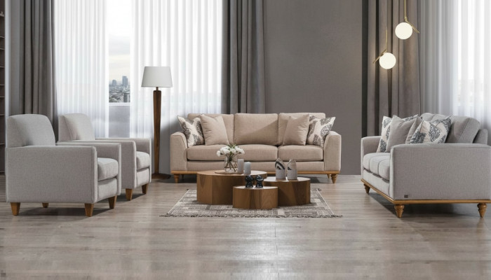 Wunnzëmmer Set 4-Stéck 2x Sofa Dräisëtzer Design 2x Sessell Modern Nei Miwwelen