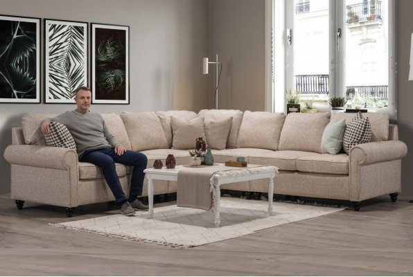 Modern Wunnzëmmer Eckcouch-L-Form Design Beige Miwwelen Luxus Sofa Ariichtung