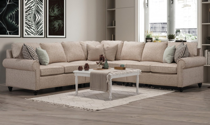 Modern Wunnzëmmer Eckcouch-L-Form Design Beige Miwwelen Luxus Sofa Ariichtung