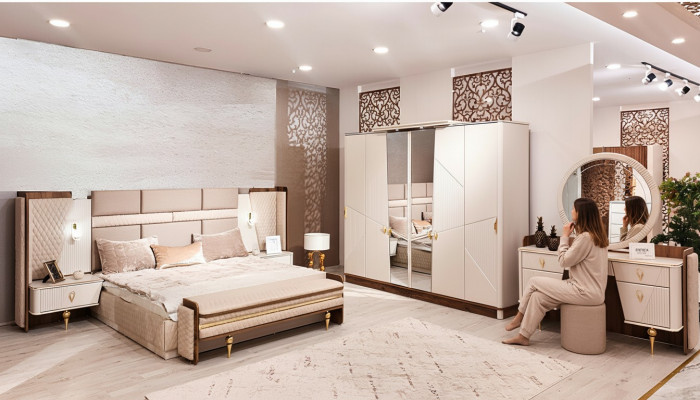 Set Schlofzëmmer Bett Luxus Kleederschaf 2xNuetsdëscher Design Kommodë.