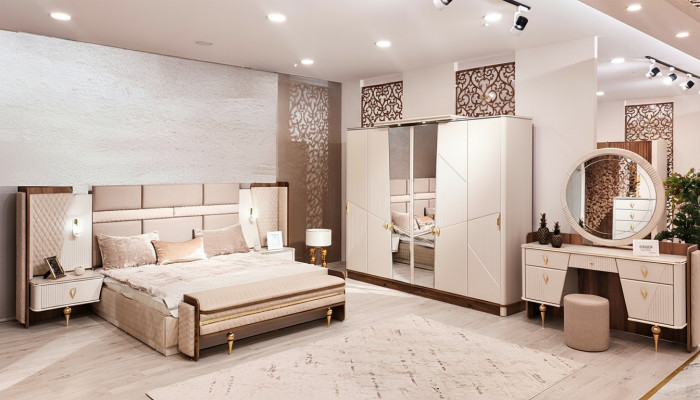 Set Schlofzëmmer Bett Luxus Kleederschaf 2xNuetsdëscher Design Kommodë.