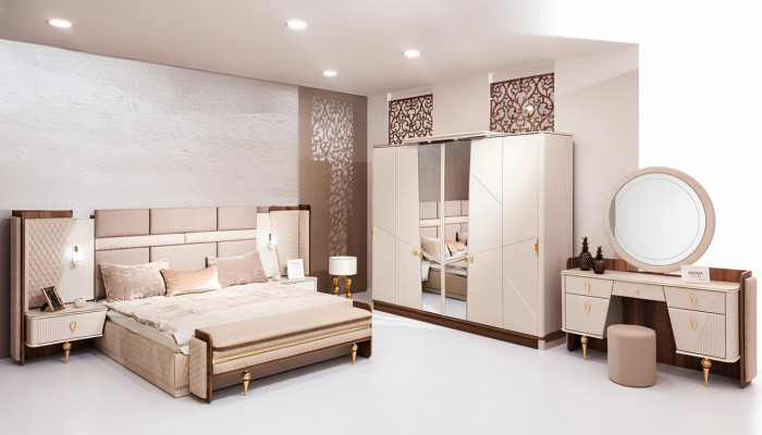 Set Schlofzëmmer Bett Luxus Kleederschaf 2xNuetsdëscher Design Kommodë.