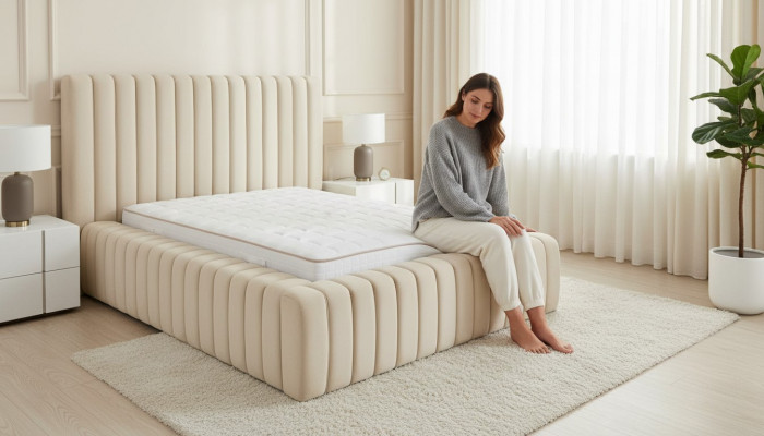 Luxus Schlofzëmmer Bett Duebelbett Holz Polster Better Bettrahmen beige