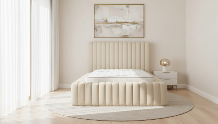 Luxus Schlofzëmmer Bett Duebelbett Holz Polster Better Bettrahmen beige