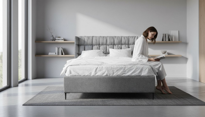 Grau Duebelbett Klassesch Schlofzëmmermiwwel Design Eleganten Stoff Bett