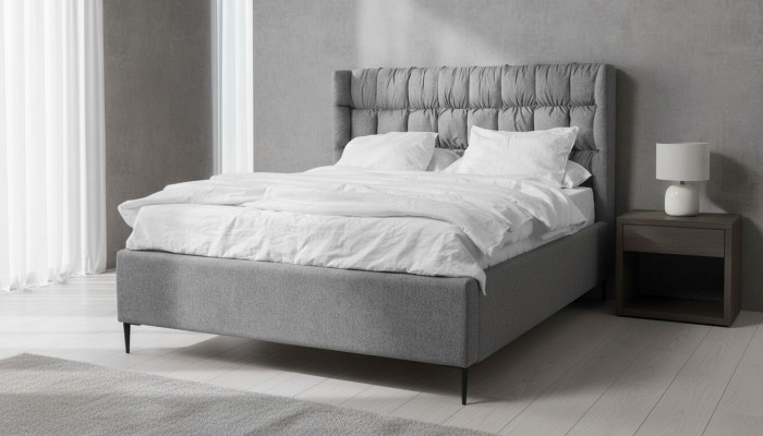 Grau Duebelbett Klassesch Schlofzëmmermiwwel Design Eleganten Stoff Bett