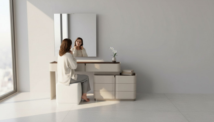 Schminktisch Spigel modesch wäissen Hocker Komplett Set Schlofkummer Nei 3 Deeler