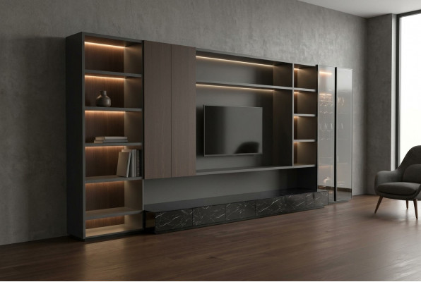Modern Schiefwand Wunnzëmmer Schranksystem Modern brong Holz Schaf