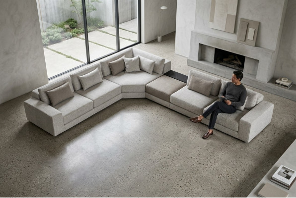 Grouecksofa L Form Wunnlandschaft Canapé Miwwelen Textil Holz Sofa Couche
