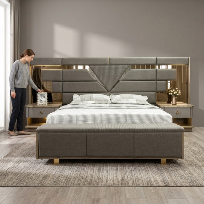 Bett Nuechtsschaf 3 tlg. Schlofzëmmer Set Design Modern Luxus Elegant Komplett
