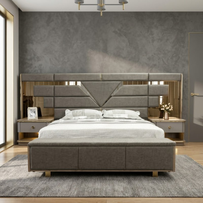 Bett Nuechtsschaf 3 tlg. Schlofzëmmer Set Design Modern Luxus Elegant Komplett