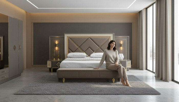 Luxus 3-deelige Schlofzëmmer Set Bett an 2x Nopeschdëscher Design Textil 3-deelige Sets